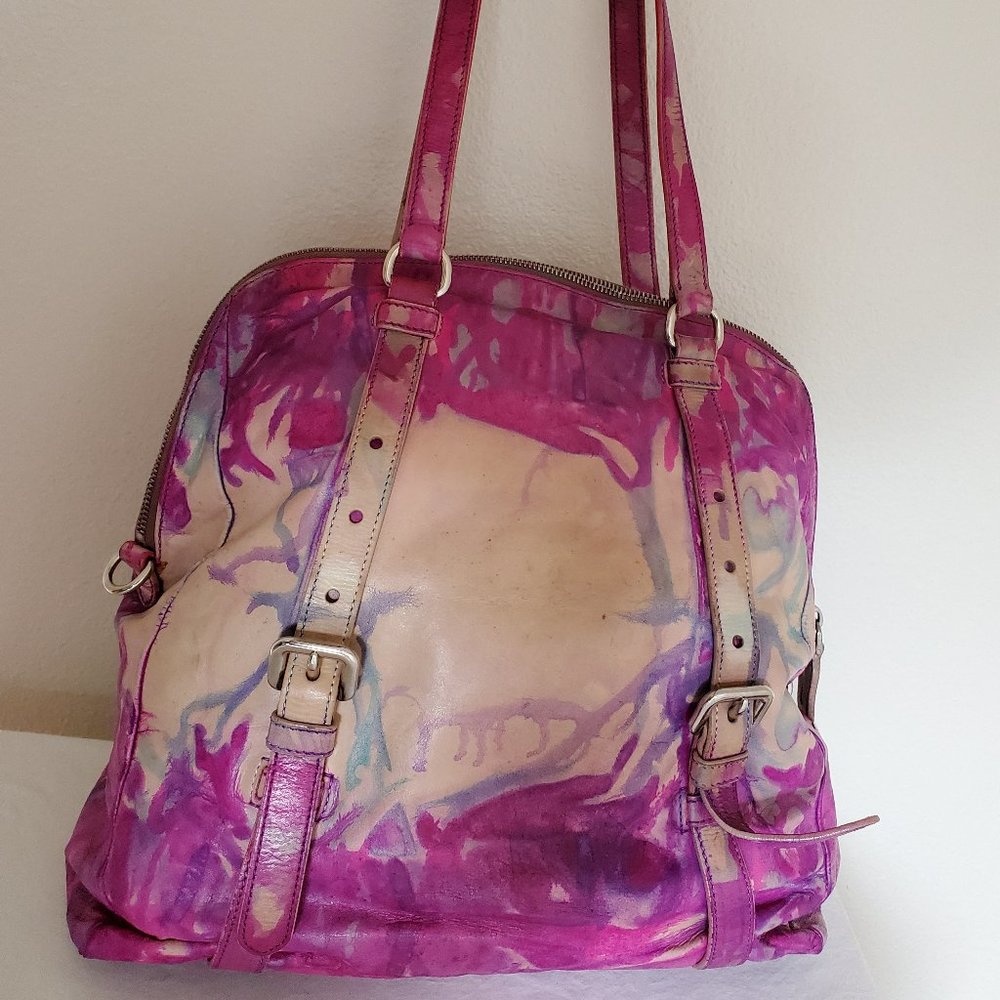 XL Prada Leather Purse tote hobo bag tie dyed painted pink beige purple tan blue - Picture 12 of 15